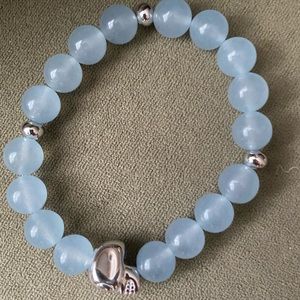 Lisa Robertson 10mm Semi Precious Bead Bracelet. Powder Blue, Silver Skull